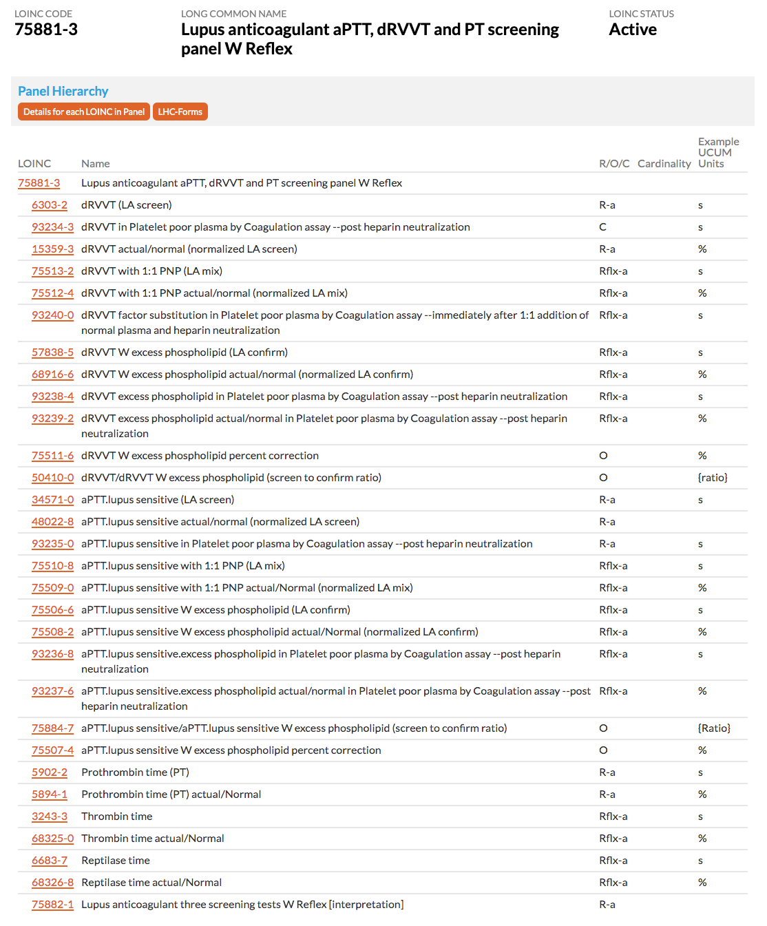 Details page for three screening test lupus anticoagulant panel, 75881-3