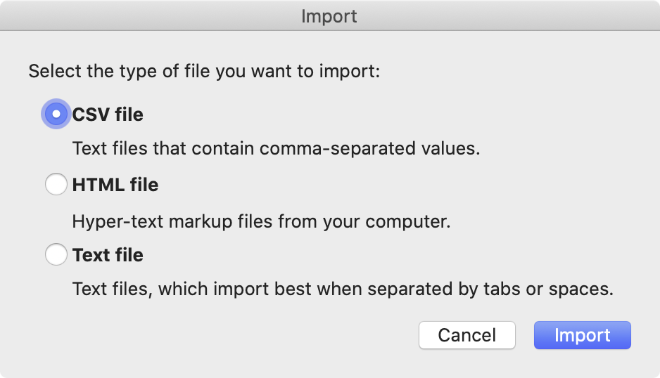 Import options within Microsoft Excel for Mac,