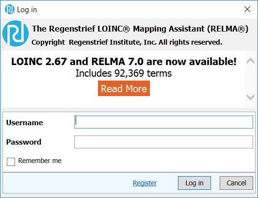RELMA's Log In window