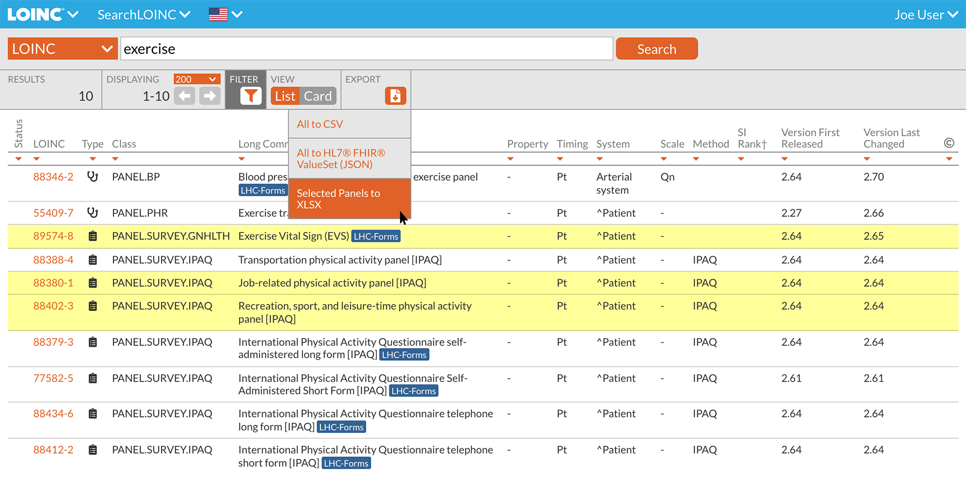 This example search shows how to export selected LOINC Panels